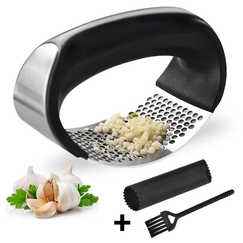 Stainless Steel Garlic Press Rocket Set Comfortable Grip Black Premium Garlic Mincer Garlic Crusher with Peeler and Brush