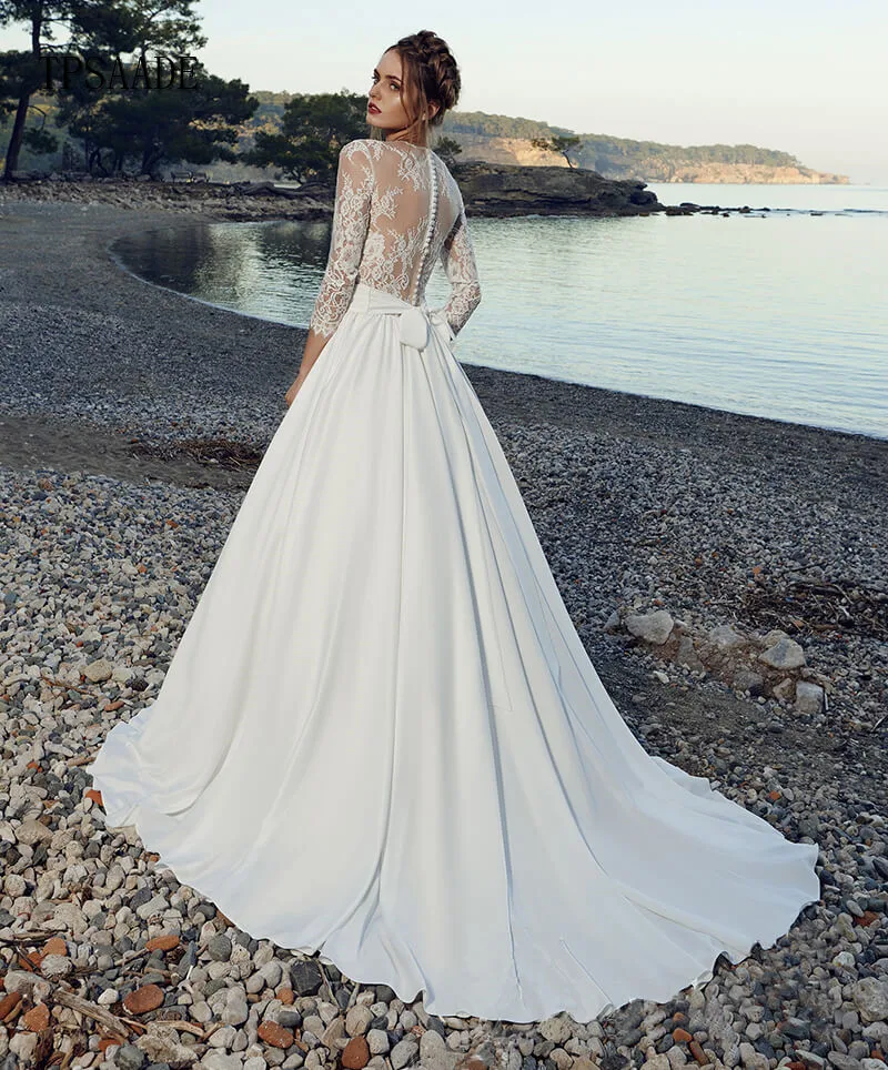 chinese dress ladies Luxury Turtle Neck Illusion Lace Mermaid Long Sleeve Bridal Dress with Detachable Skirt 44