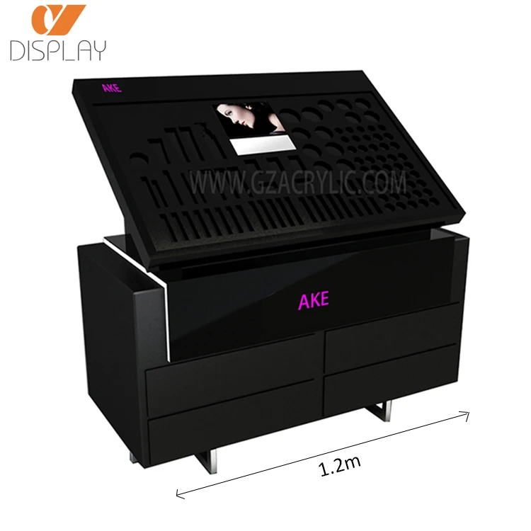 China high quality customized wood acrylic makeup display finished cosmetic acrylic display counter stand with led light