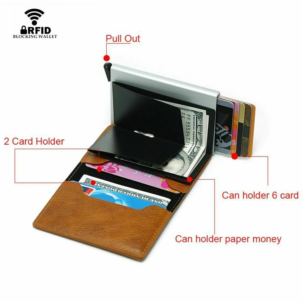 
2018 Hot sale leather & stainless steel pop up credit card holder wallet 