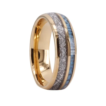 fashion jewelry18k gold tungsten ring meteorite with thin blue carbon fiber inlay