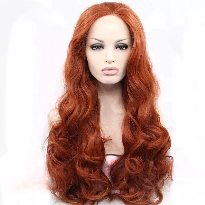 Drag Queen wigs red brown long body wave synthetic lace front wig heat resistant fiber