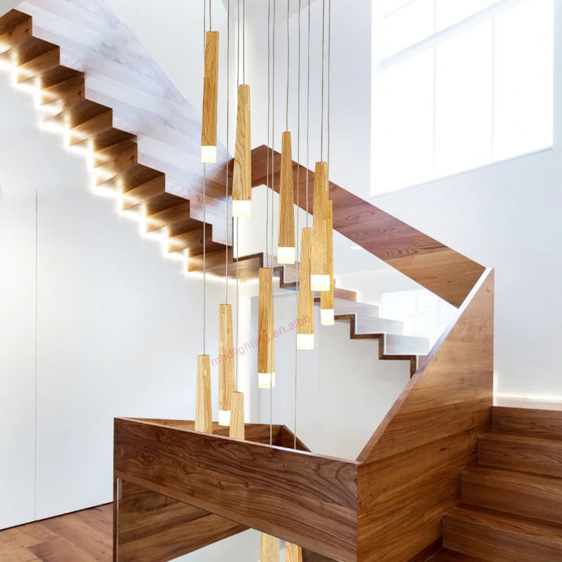 Country Style Roof Entryway Hanging Branch Rustic Wooden Long Spiral Staircase Chandelier for High Ceilings Light