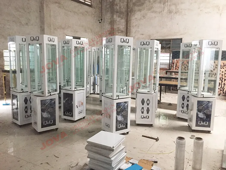 Floor Standing Rotating Display Revolving Glass Showcase With Wheels