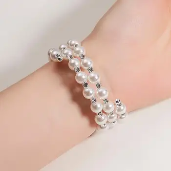 Dainty Charm Wedding Party Gift Pearl Rhinestone Wrap Bracelet Bangle Jewelry For Women