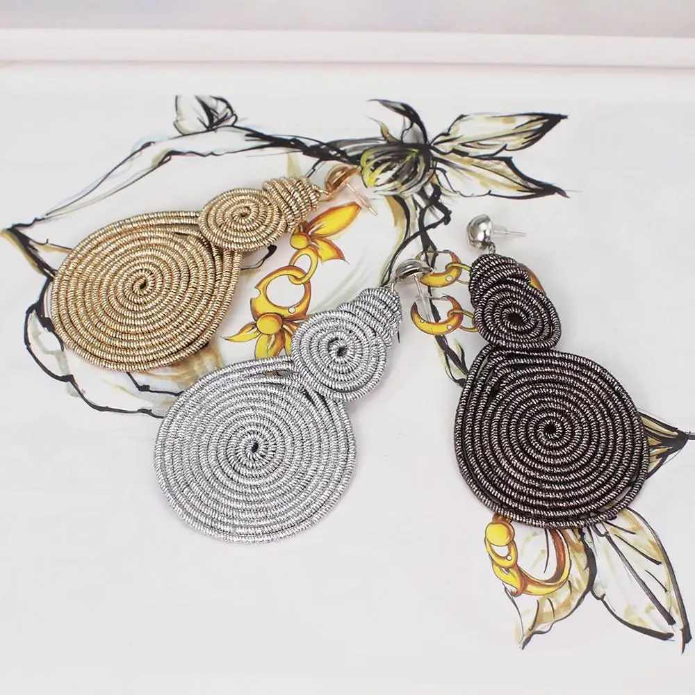 HANSIDON Unique Handmade Alloy Spiral Round Statement Earrings Woman Vintage Metal Drop Dangle Earrings Fashion Jewelry