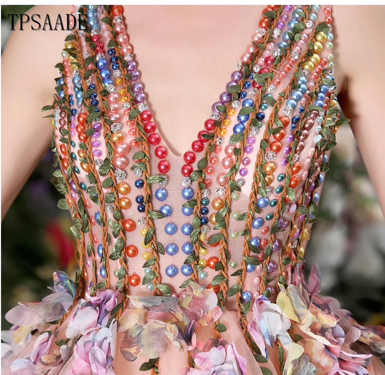 2025 Latest Design Pink Pleat Tulle Colorful Sequin Beaded Flowers V Neck Sleeveless Ball Gown Evening Dress Vestido De Noche