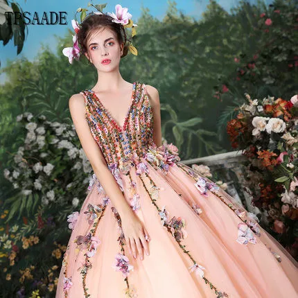 2025 Latest Design Pink Pleat Tulle Colorful Sequin Beaded Flowers V Neck Sleeveless Ball Gown Evening Dress Vestido De Noche