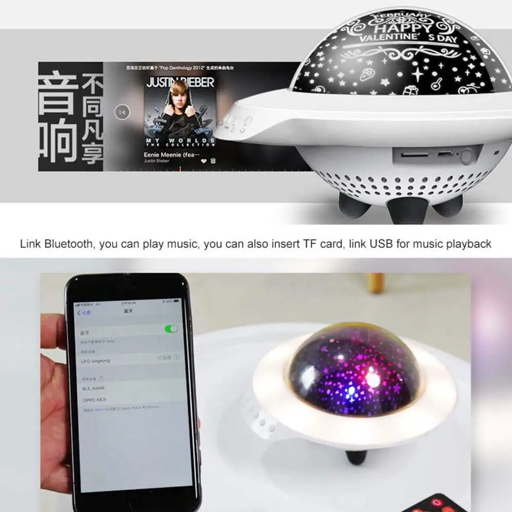 2019 Newest Remote Control UFO Shape Starry Night Light Projector with Blue Tooth Rotation Star Sky Night Light