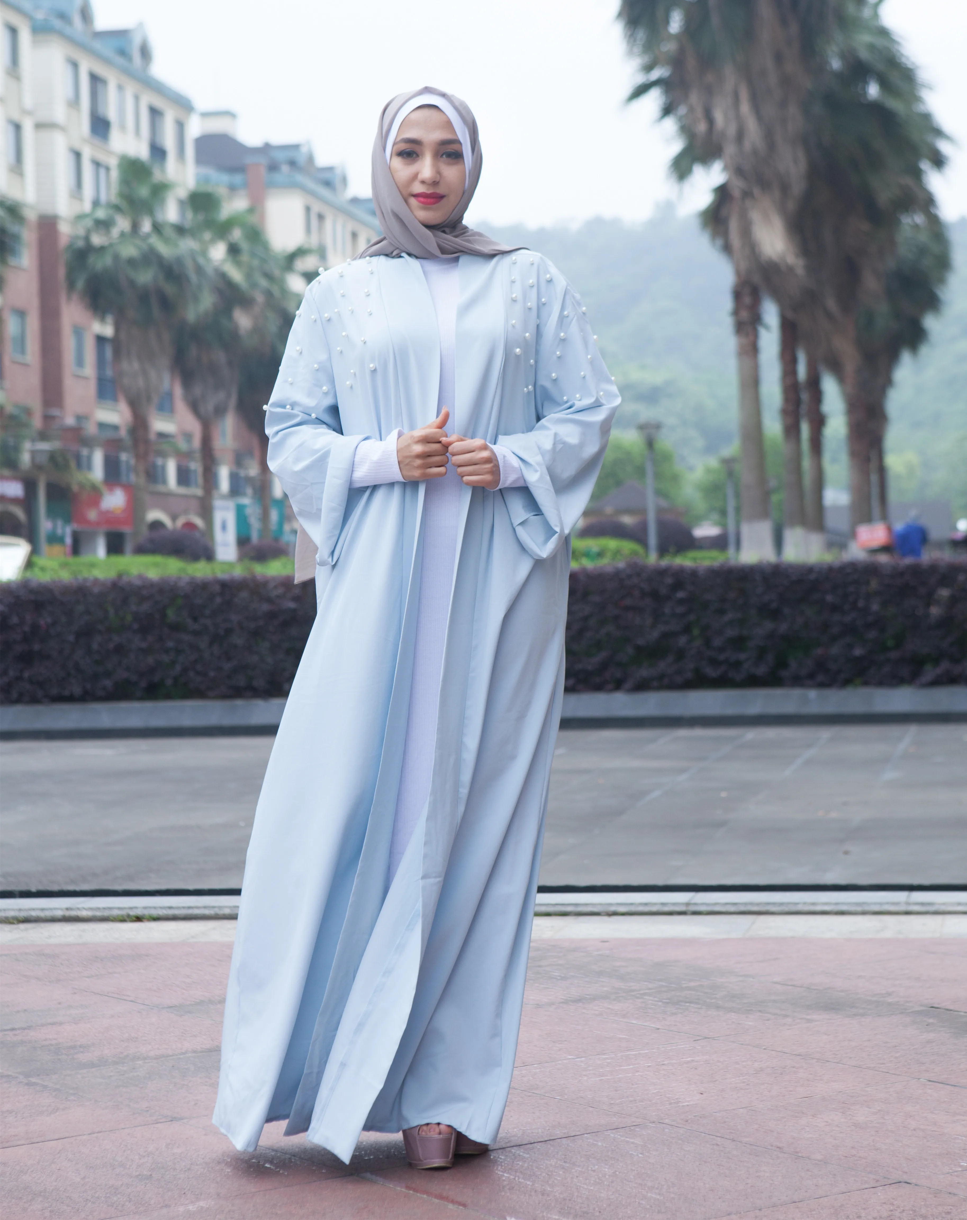 New Style Plain Colors and Pearl Abaya Muslim Dresses for Women Abaya