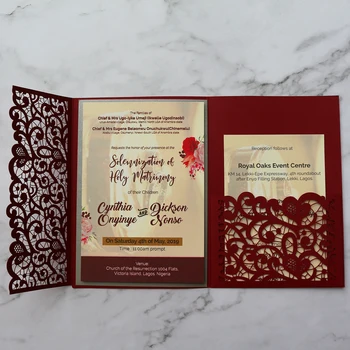 Classic India Laser Cut Wedding Invitation Burgundy Pocket Fold Wedding Invitations with Passport Insert
