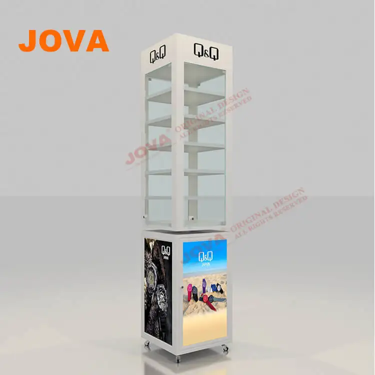 Floor Standing Rotating Display Revolving Glass Showcase With Wheels