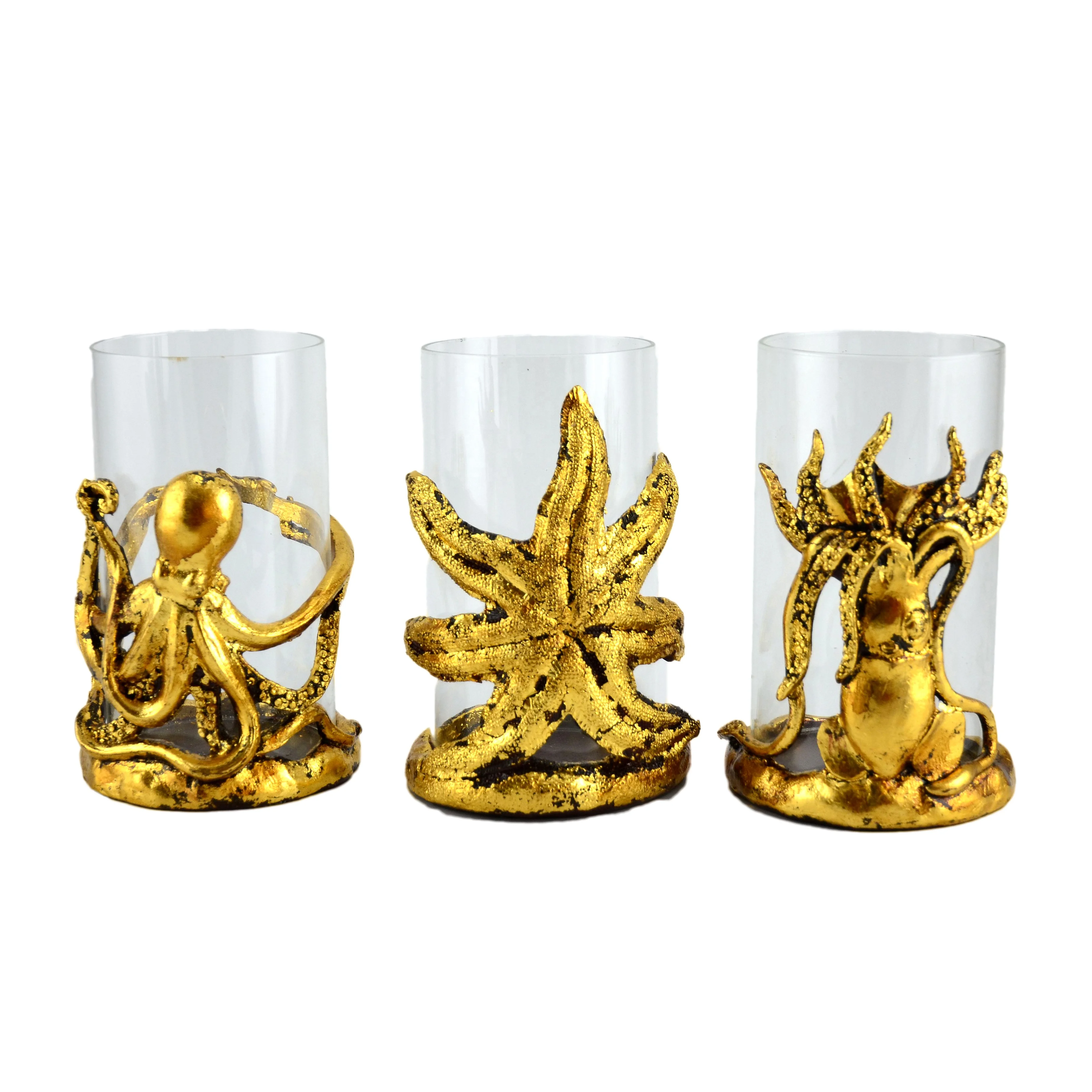 Resin Starfish Octopus Shaped Glass Candle Stick Holder Gold Home Decor