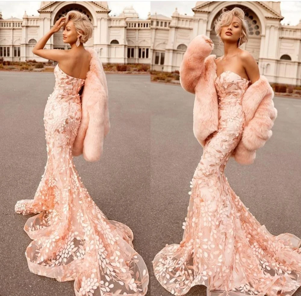Luxury Lace Fabrics Peach Flowers Winter Lady Evening Dress