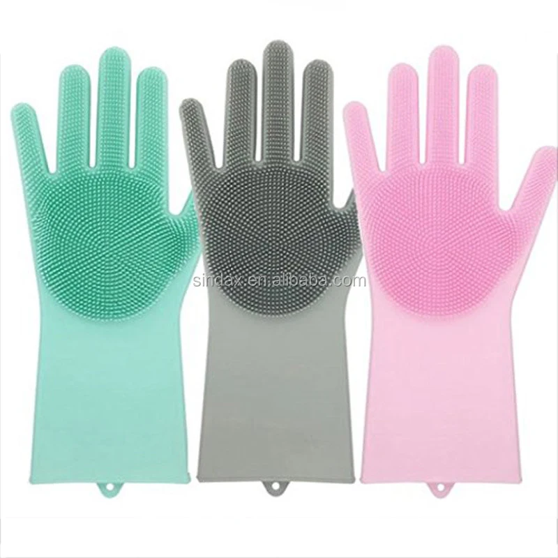 2Pair Magic Dish Washing Gloves Silicone Rubber Scrubber Cleaning Glovers Gray