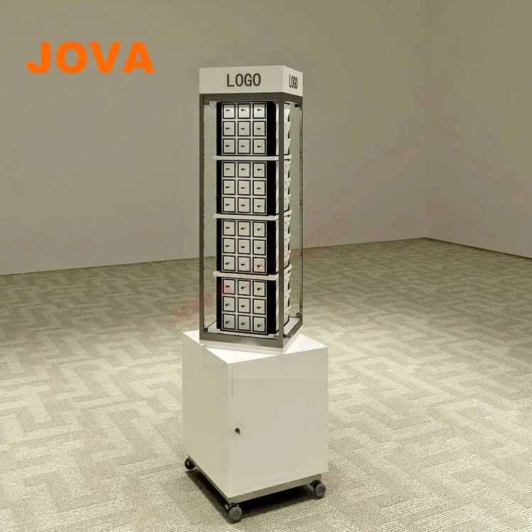 Floor Standing Rotating Display Revolving Glass Showcase With Wheels
