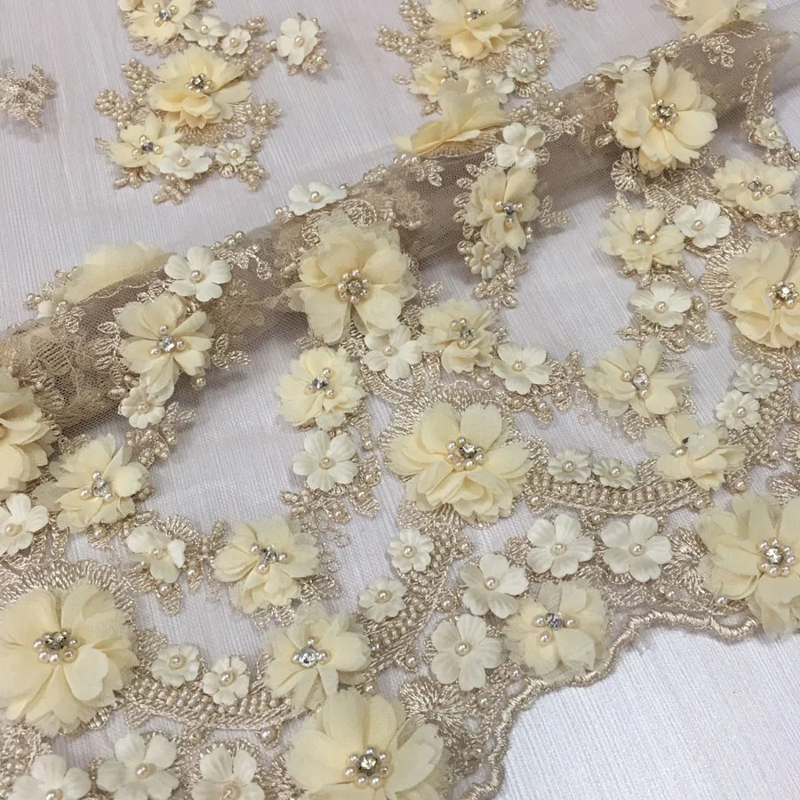 Новое поступление, 3d цветочное кружево, вышитая Тюлевая ткань с ручными бусинами, аппликация, кружево для платья или невесты