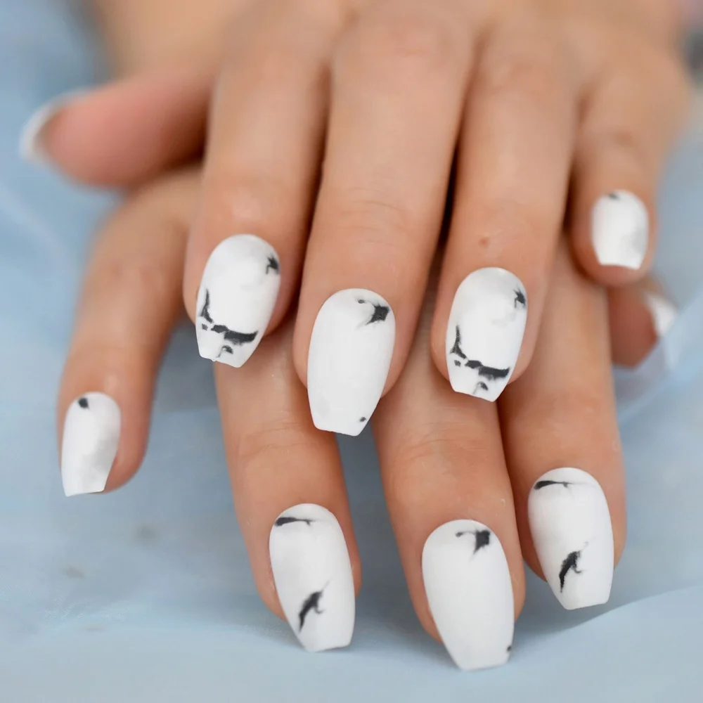 Hand painted white marble nail art - Keely's Nails