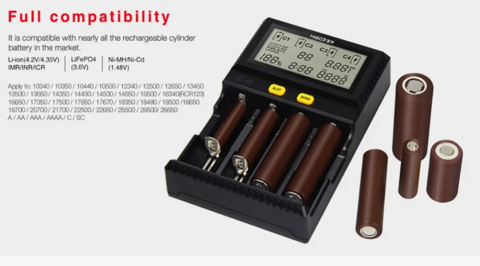 Newest Miboxer C4 Plus LCD Smart Battery Charger for  18650 14500 26650 21700 AAA Batteries