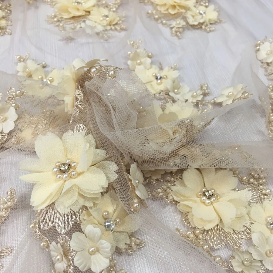 Новое поступление, 3d цветочное кружево, вышитая Тюлевая ткань с ручными бусинами, аппликация, кружево для платья или невесты