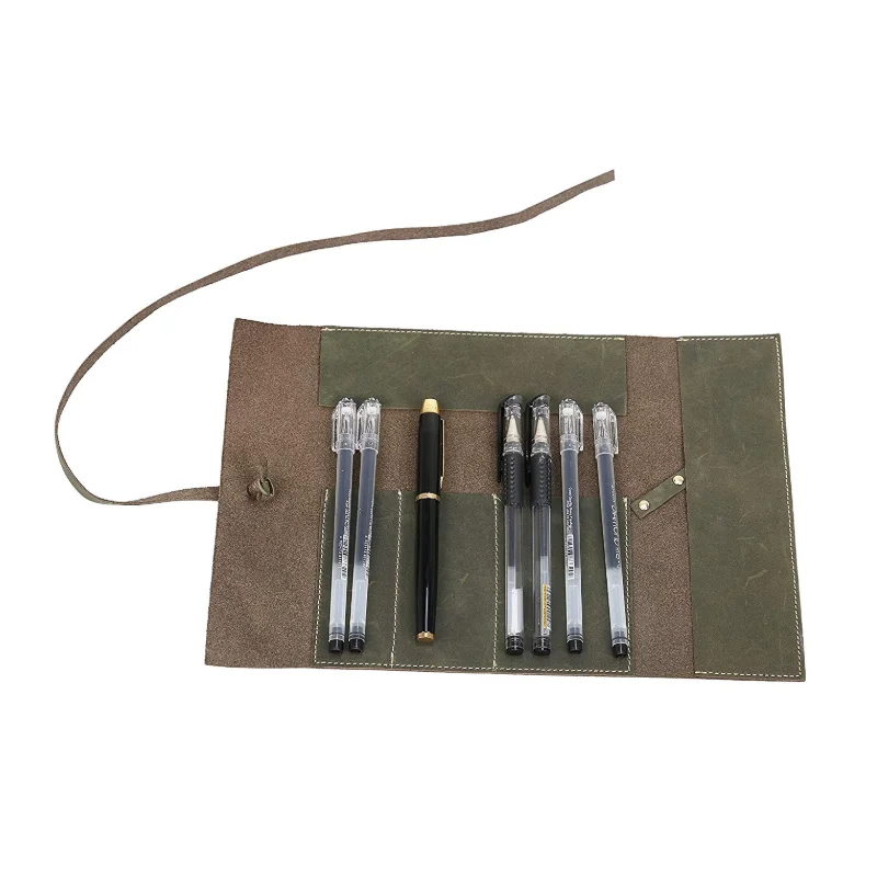 Handmade Genuine Leather Pencil Roll Pouch Pen Case Holder Organizer Wrap Bag