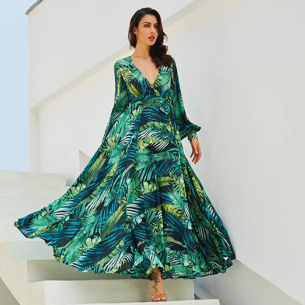 Maxi Dress V Neck Floral Print Long Sleeves  Maxi Dress Long Sleeves  Muslim - Spring - Aliexpress