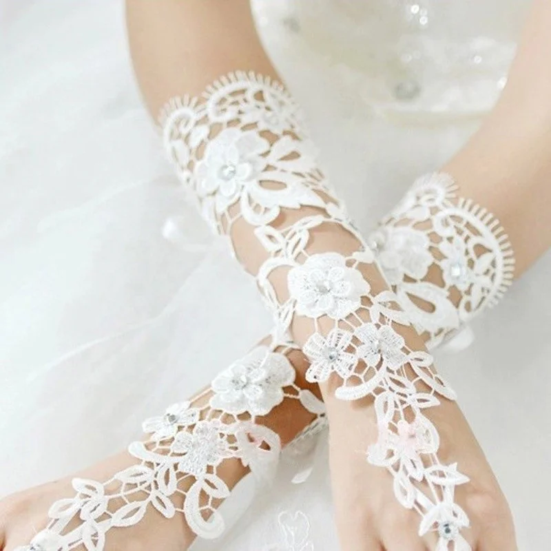 Lace Flower Wedding Party Rhinestones Fingerless Gloves Indoor Decoration Prom 