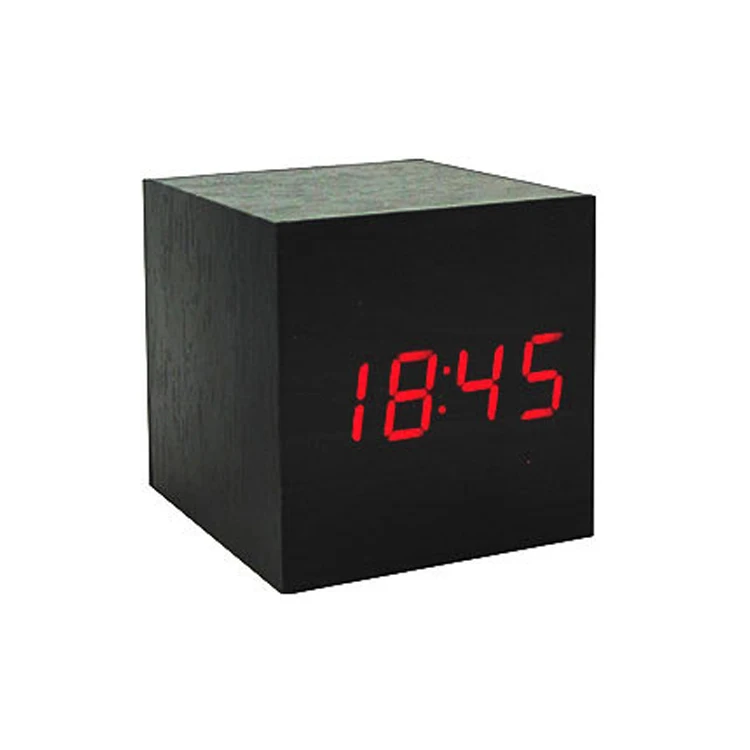 Promotional Desktop Different Colored Fonts Digital Thermometer Temperature Time and Date Roller Play Wooden Alarm Clock