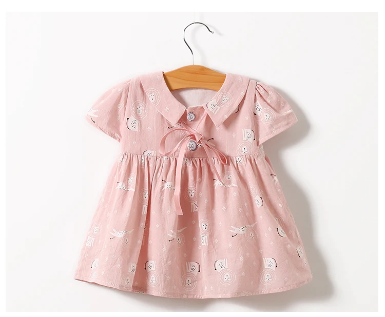 Детская одежда, летнее платье из 100% хлопка с коротким рукавом для маленьких девочек, три цвета, синий и розовый, коричневый, розничная и оптовая продажа