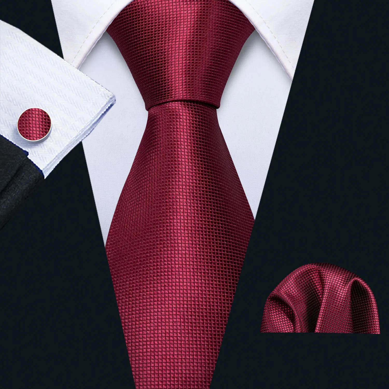 100% Woven Silk Necktie with Pocket Square - Dark Red - Vavra's