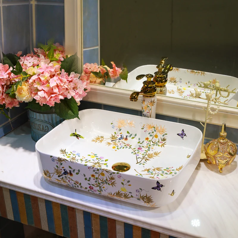 Rectangular Gold Flower and Bird Pattern Porcelain Ceramic Wash Basin Bathroom Sink