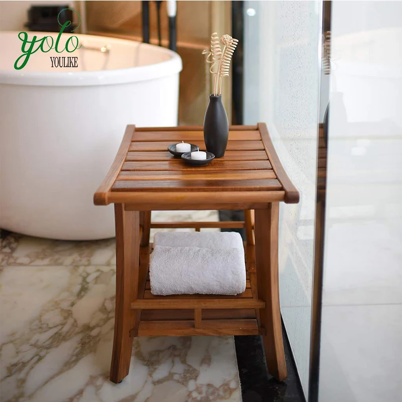High Quality Brown Teak Wood Spa Shower Bench Durable Stylish