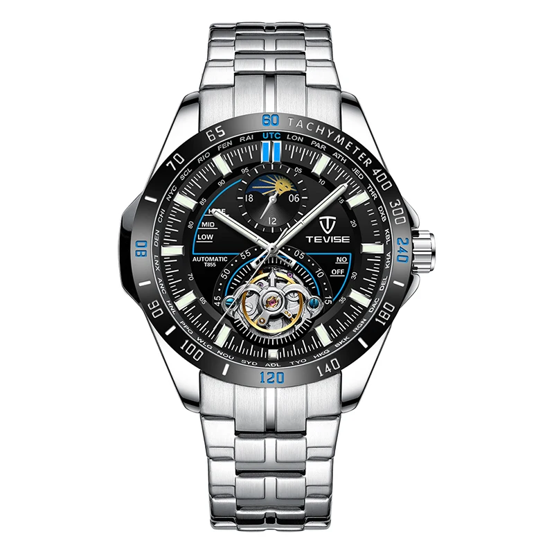 Tevise T855 Men Automatic Mechanical Moon Phase Watches Stainless Steel Week Display Luminous Wristwatch Buy Tevise T855 Men Watch Automatic Mechanical Moon Phase Watches Stainless Steel Week