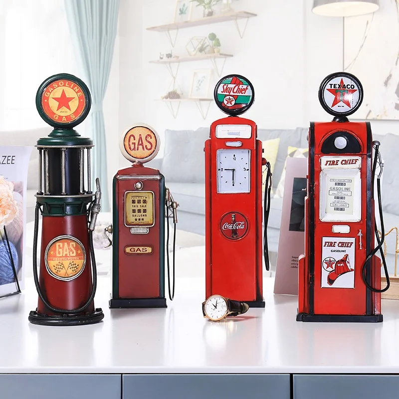 CY061 43CM Handmade Retro Metal Gas Station Vintage Classic Vintage Gas  Pump Prop With Clock Home Office Decor Ornament