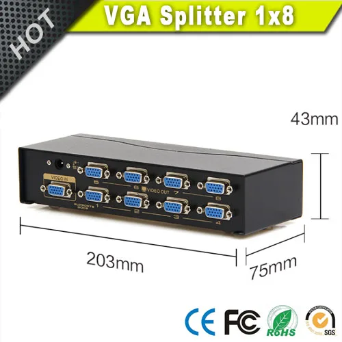 8 Port VGA Splitter Amplifier Booster Box 1 in 8 Out for Multi Monitors with 350MHz Bandwidth