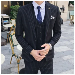 High Quality Breathable 3-Piece Men's Striped TR Fabric Coat Pants Set Single Breasted Zipper Fly Plus Size Flat Front Notched