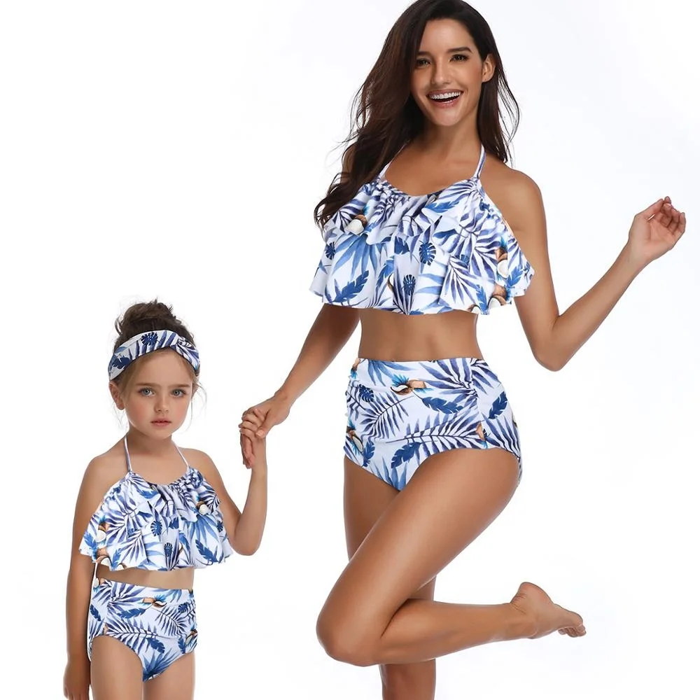 Mother Daughter Matching Swimwear Set Detachable Ruffle High Waist Printing Swimwear Set 2 Pieces Little Girl Swimsuit Set