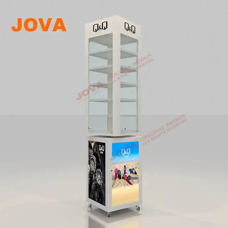 Floor Standing Rotating Display Revolving Glass Showcase With Wheels