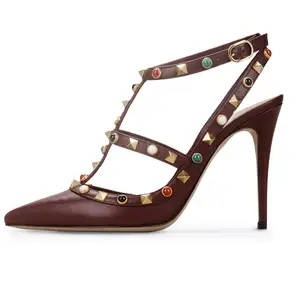 Tailingjia Name Brand Factory Handmade Rivets High Heel Leather Pumps Office Shoes