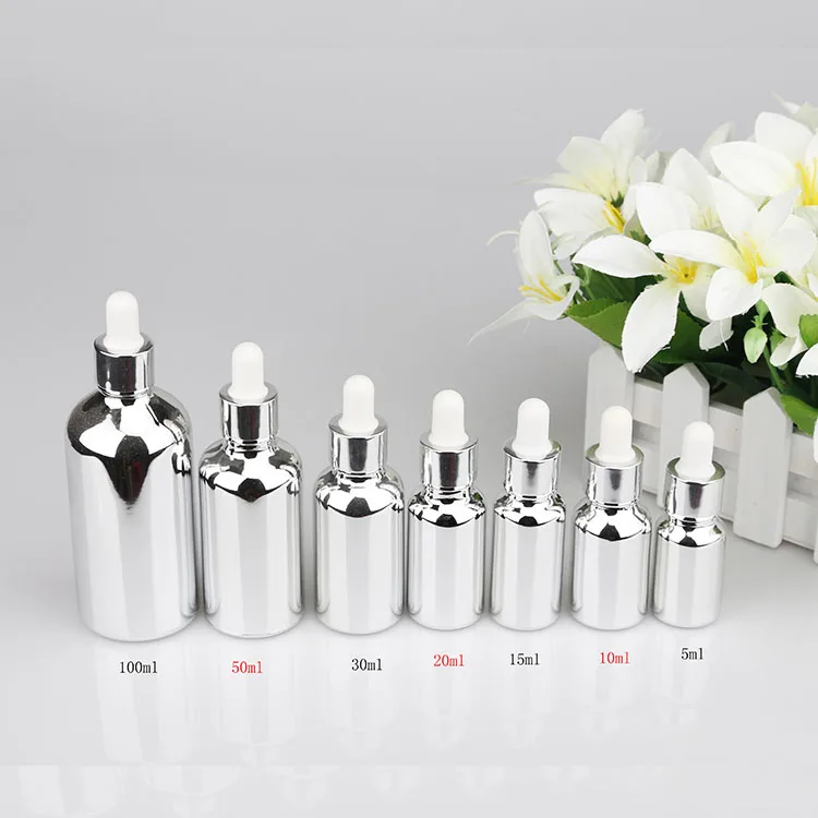 10ml 15ml 20ml 30ml 50ml 100ml Electroplating Silver Essential Oil Glass Bottle with Dropper