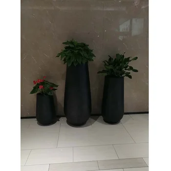 High quality fiberglass flower pots for garden plants, decorative big tree grow pot black color modern flower vase