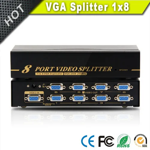 8 Port VGA Splitter Amplifier Booster Box 1 in 8 Out for Multi Monitors with 350MHz Bandwidth