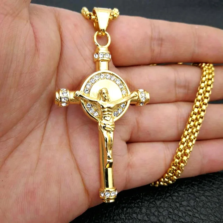 Details about   24" Stainless steel Gold jesus crucifix cross pendant necklace chain Gift Box 