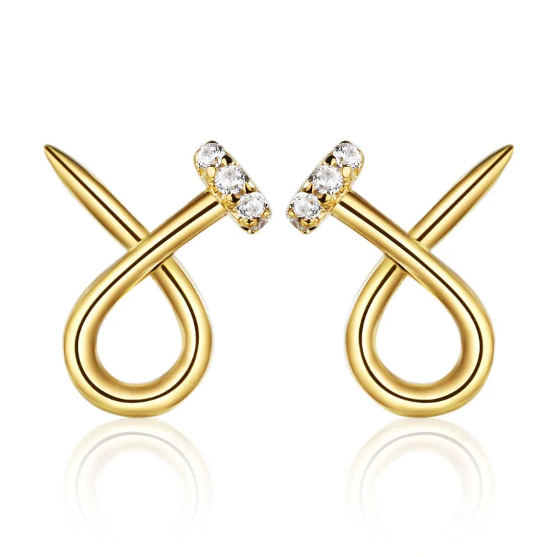 ZHILIAN Women Personality Jewelry 925 Silver Custom CZ Zircon Gold Plated Bent Nails Stud Earrings Simple Silver Earrings