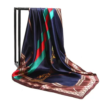 Vintage 90X90 square polyester printing brand silk like satin women neck scarf with chain pattern