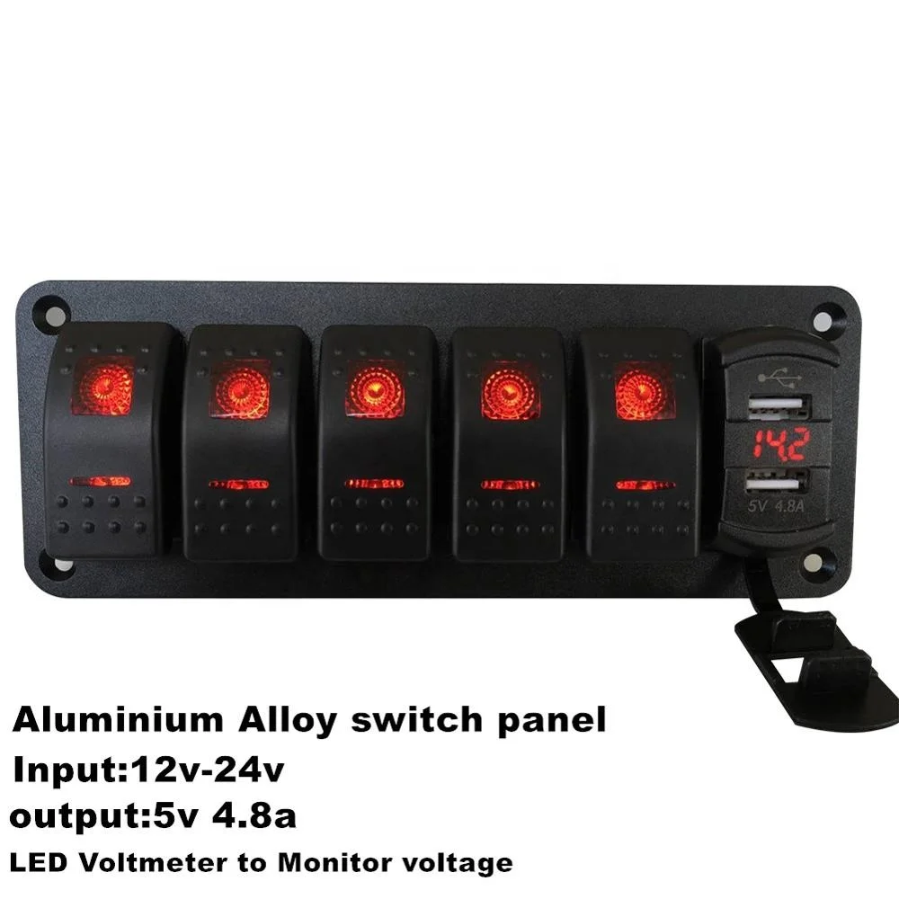 Двойная светодиодная водонепроницаемая панель переключателя, для морских автомобилей, лодок, яхт, 6 клавиш, 12 В, 24 В, с USB-портом 4,8 А и вольтметром