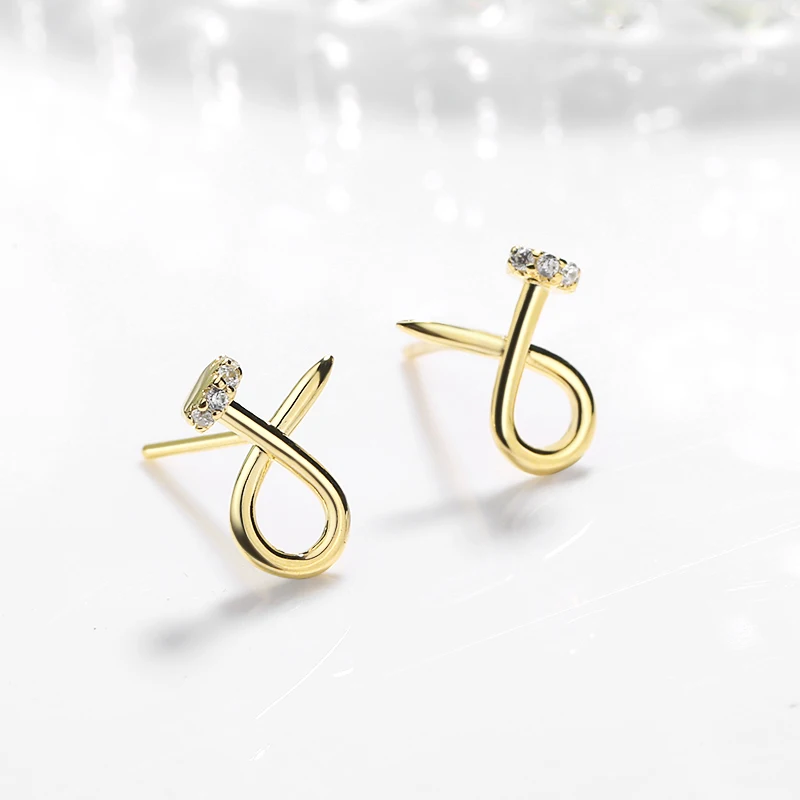 ZHILIAN Women Personality Jewelry 925 Silver Custom CZ Zircon Gold Plated Bent Nails Stud Earrings Simple Silver Earrings