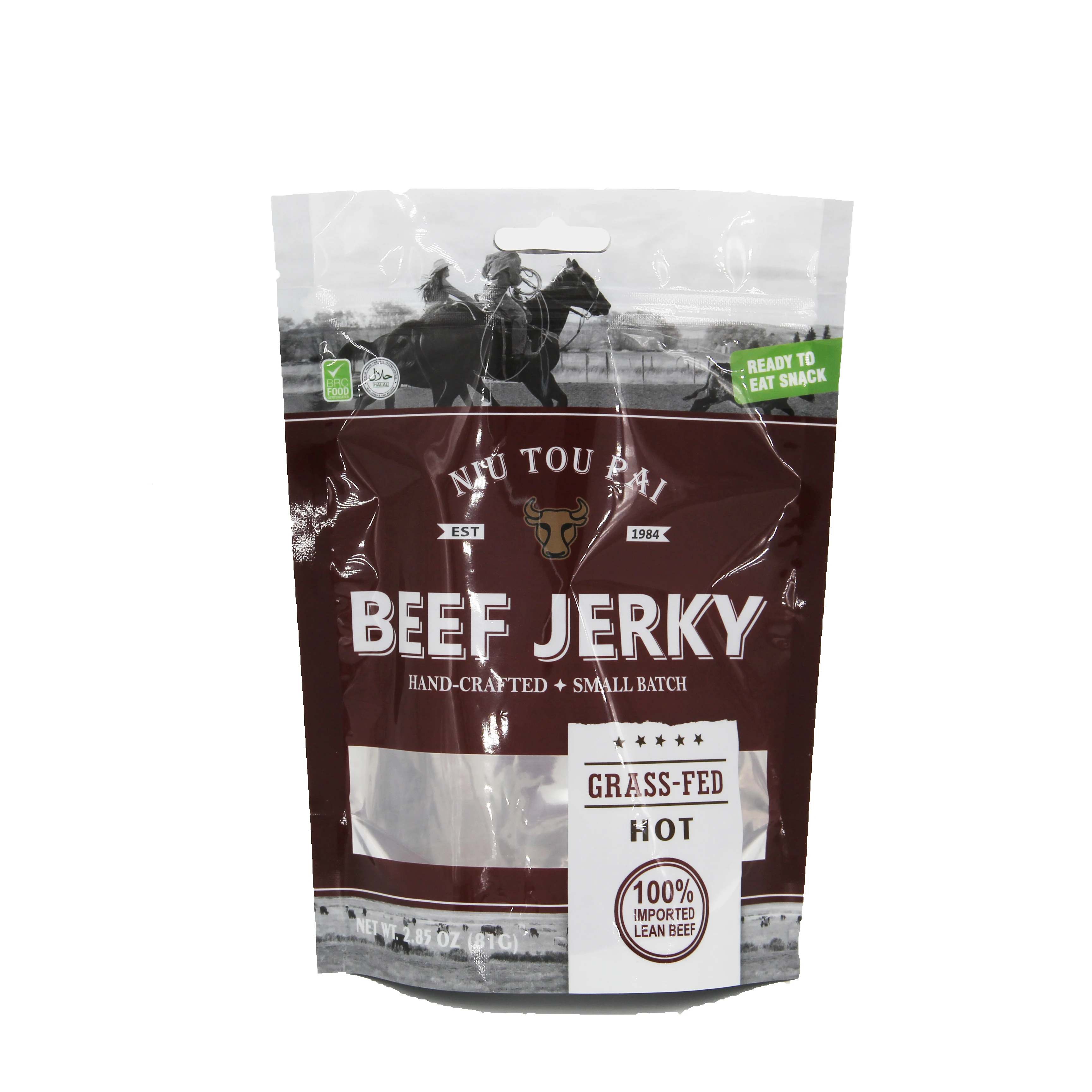 custom ziplock stand up pouch with window beef jerky packaging bag