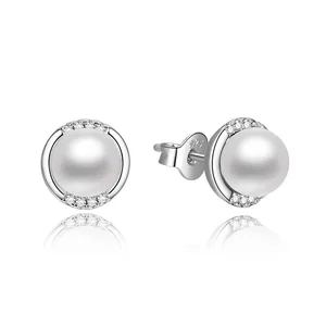 POLIVA 925 Sterling Silver Freshwater Pearl Earrings with CZ Diamond Simple Design