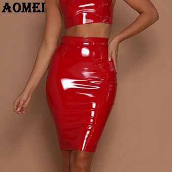 Knee Length Black Red Sexy Punk Style PU Leather Pencil Skirt Girl